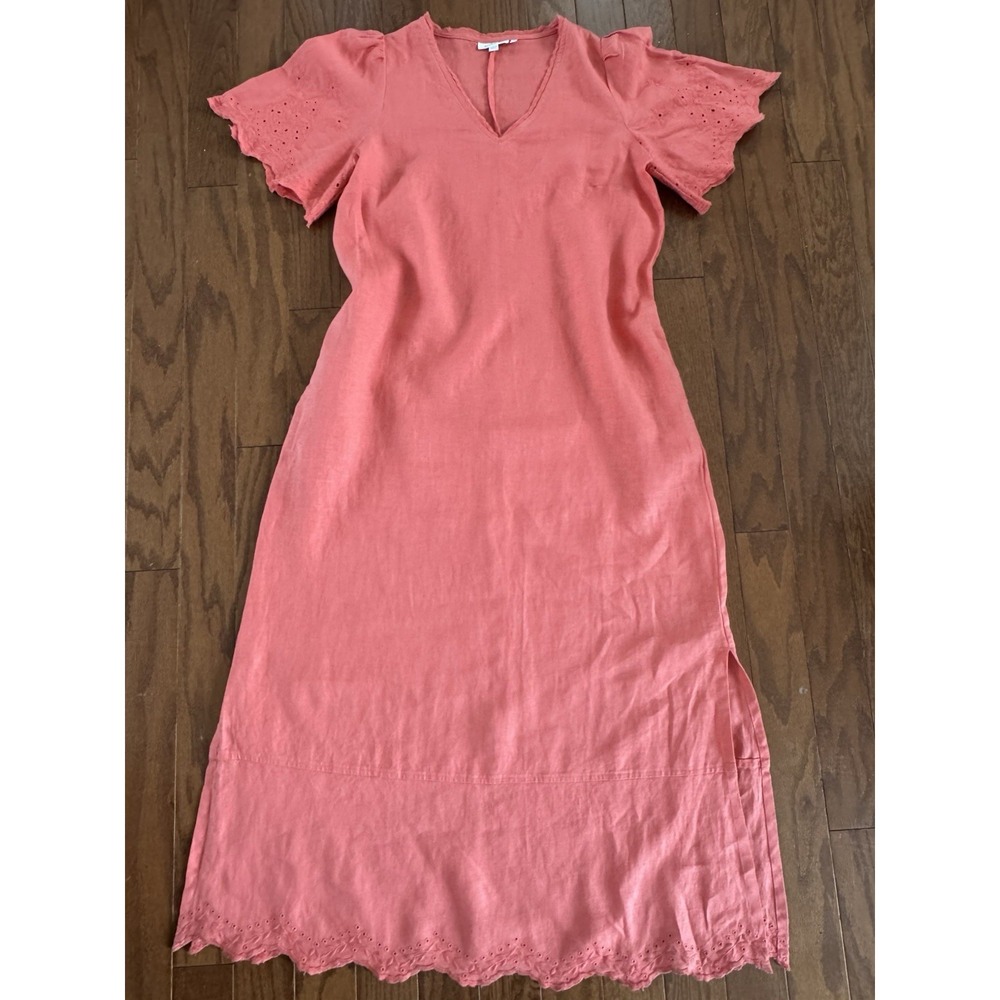 Chicos Linen Eyelet Midi Dress Coral Pink V-Neck Short Sleeve Pockets Size 1 M